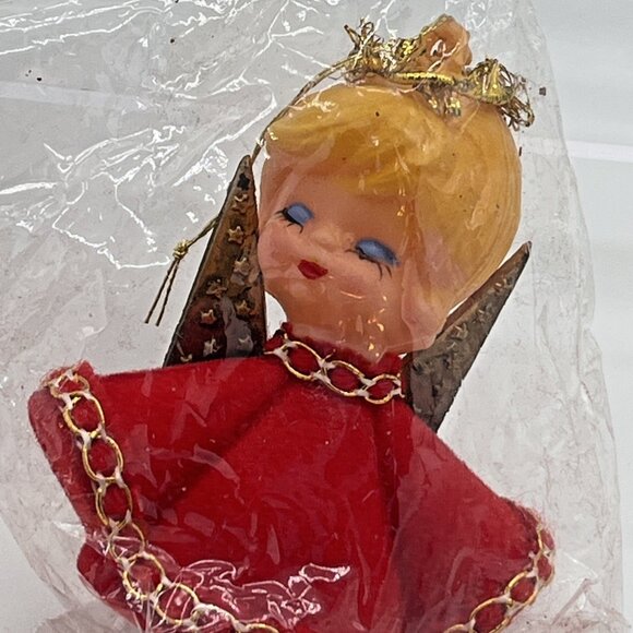 Vintage 3" Angel Blow Mold Ornament w/ Wings Hong Kong Original Package flocked - Picture 2 of 16
